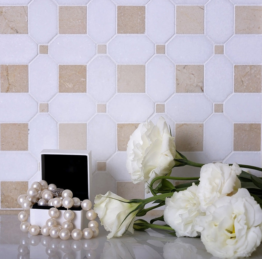 White; Beige 12 x 12 Polished Thassos, Crema Marfil Mosaic Tile