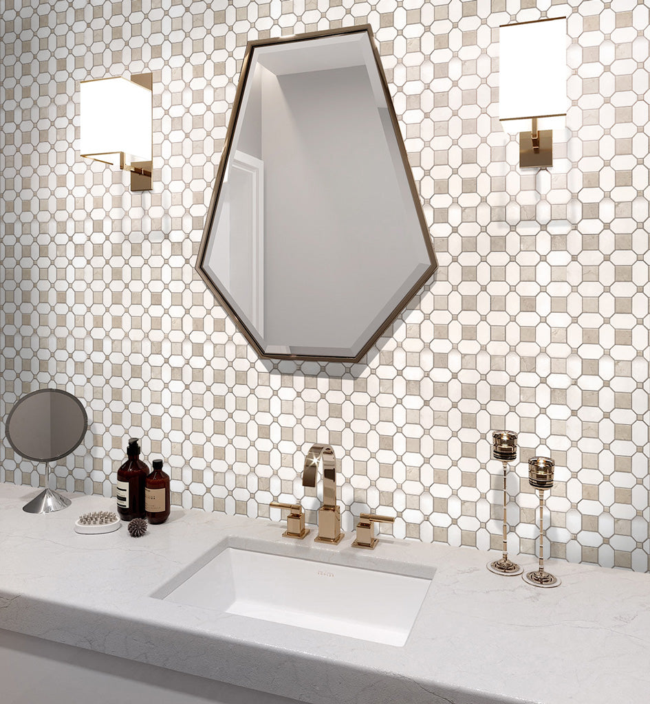 White; Beige 12 x 12 Polished Thassos, Crema Marfil Mosaic Tile