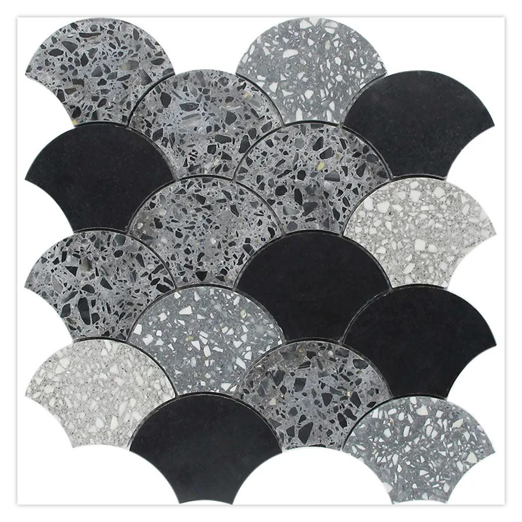terrazzo black limestone honed marble mosaic tile in 12x12 layout with fan-shaped pieces in black and gray tones