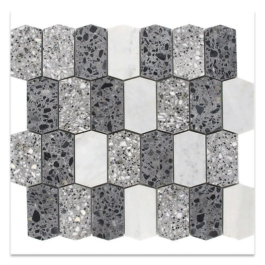 White and Charcoal Gray 11 x 13 Honed Terrazzo, Marble Mosaic Tile - Sample