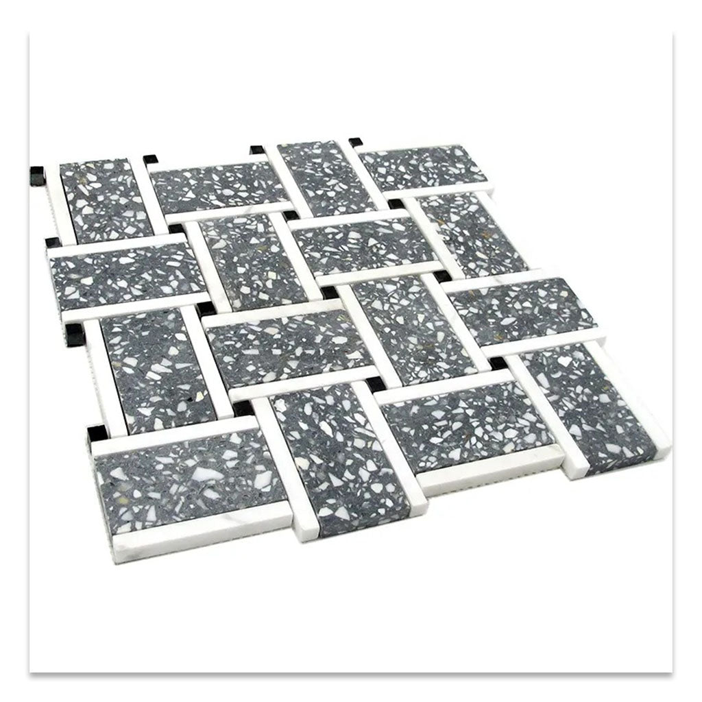 Charcoal Gray and White 12 x 12 Honed Terrazzo, Marble Mosaic Tile - Sample