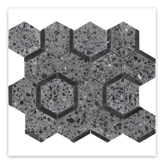 Charcoal Gray and Black 11 x 12 Honed Terrazzo, Marble Mosaic Tile - Sample