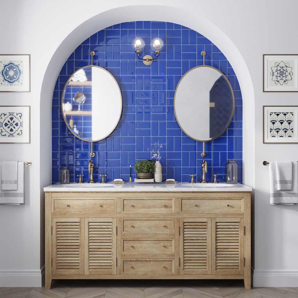 Glossy cobalt blue 3x6 glass subway tiles on curved wall