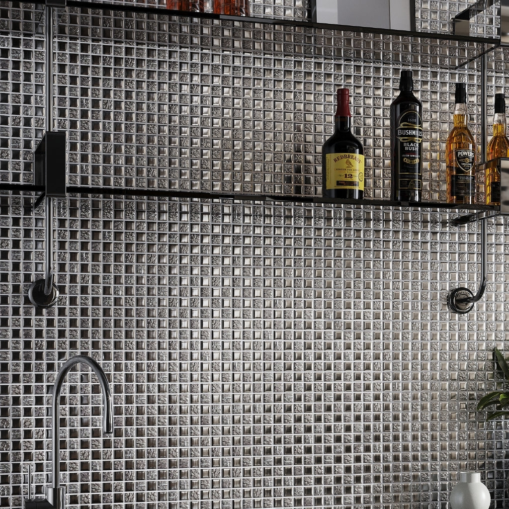 Silver 12 x 12 Glossy Shimmer Glass Mosaic Tile
