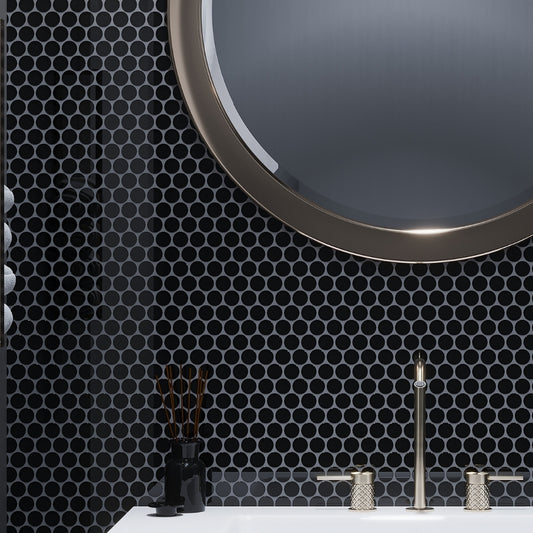 Black 12 x 12 Glossy Penny Glass Mosaic Tile