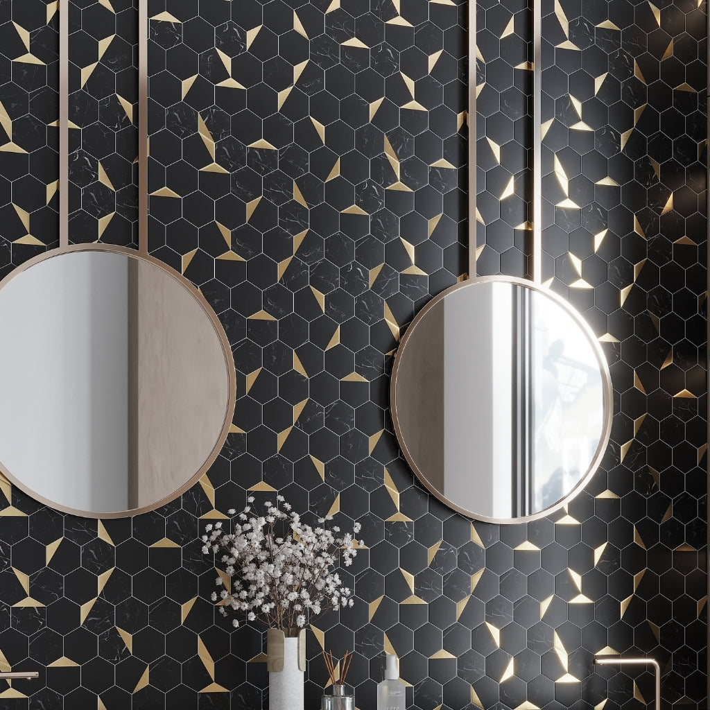 Black and Gold 12 x 12 Honed PVC Peel and Stick Tile